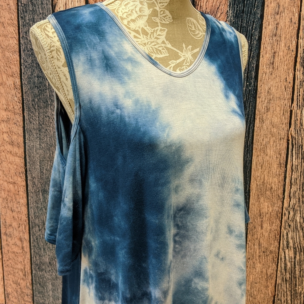 Cool Melon Blue Tie Dye Style Cold Shoulder Top